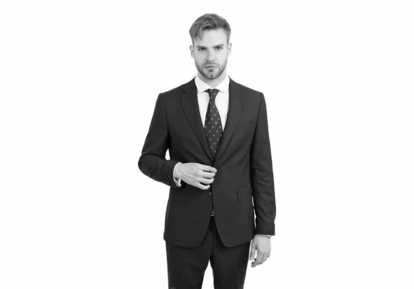 Profissional homem chefe em formalwear tendo bem preparado o cabelo isolado no branco, sucesso — Fotografia de Stock