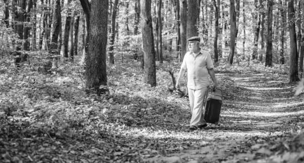 Fin de semana en la naturaleza. Personas mayores. Vacaciones y relax. Concepto de jubilación. Hombre maduro con barba blanca en el bosque. Hobby y ocio. Abuelo con maleta vintage en la naturaleza. Unidos con la naturaleza — Foto de Stock