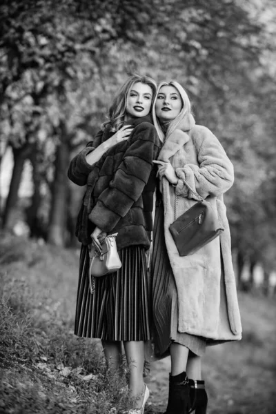우정이요. 야외에서 성공 한 사업가들. 가을의 여성 의상. 유럽의 겨울을 위한 의상. 우아 한 여자들은 모피 코트를 입는다. 우아 한 여자들은 가짜 털을 두르고 있다. 용도가 다양 한 텍스처. 패션과 아름다움 — 스톡 사진