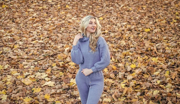 Sonbaharda seksi bir kadın sonbahar ormanında sıcak giysiler giyer ya da yapraklarla park eder. — Stok fotoğraf