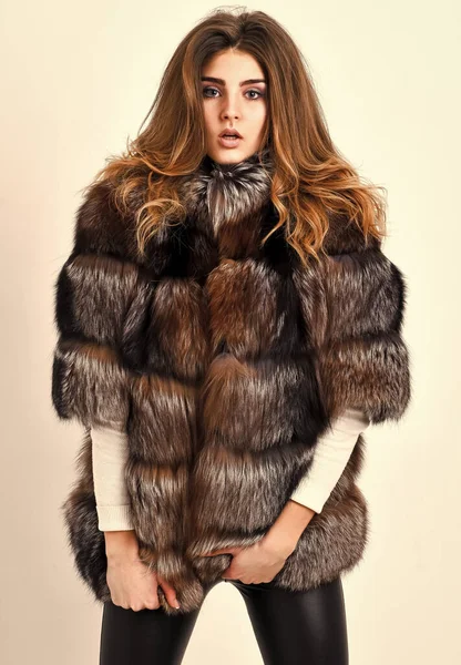 Vêtements de luxe élite hiver. Manteau de fourrure marron féminin. Modèle de magasin de fourrure posant en peluche douce et chaude. Jolie fashionista. Maquillage et coiffure de femme posant vison ou manteau de fourrure sable. Concept de mode fourrure — Photo