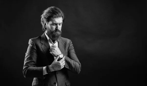 Handsome man wear office suit. male beauty and fashion. brutal businessman with perfect beard and moustache. real boss in vest. mature bearded man. confidence and charisma. copy space — Stock Photo, Image