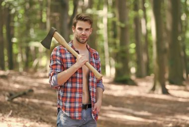 Açık ekose gömlekli seksi oduncu. Kot pantolonlu. Yaz ormanlarında baltayla geziyor.