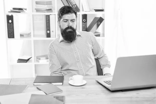 Un asalariado. El barbudo se sienta en el escritorio. Trabajando en una oficina moderna. Entorno laboral. Trabajador de negocios. Trabajo y ocupación. Construyendo carrera — Foto de Stock