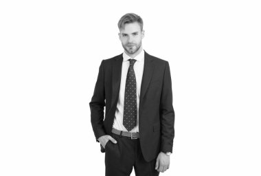 Gerçekten ilham verici. Patron ya da CEO beyazda izole edilmiş. Proje yöneticisi. Formalite içinde yakışıklı bir adam. İş sahibi. İş adamı. Resmi moda tarzı. Patron günü. Yöneten kişi