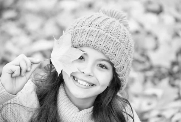 Autumn knitted fashion. romantic season for inspiration. happy childhood. teenage girl relax in park. fall season beauty. enjoy day in forest. kid arranging yellow maple leaves. Autumn fashion — Stock Photo, Image