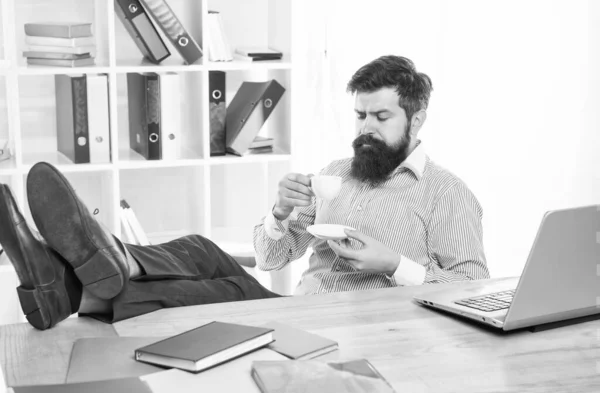 Feel well sip well. Businessman drink tea at office desk. Resting during work break. Enjoying coffee break at workplace. Back to normality — Stock Photo, Image