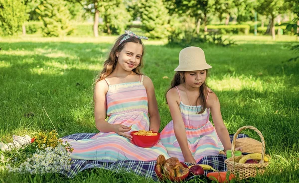 Heureux les petits enfants apprécient le repas de pique-nique sur l'herbe verte sur le paysage ensoleillé d'été, journée des enfants — Photo