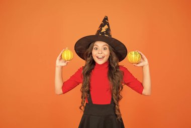 Son hazırlıklar. Küçük balkabaklı çocuk. Çocuk sonbahar tatilini kutluyor. Cadı şapkalı genç kız cadılar bayramını kutluyor. Cadılar bayramın kutlu olsun. Şeker mi şaka mı konsepti. Cadı karnavalı kostümü