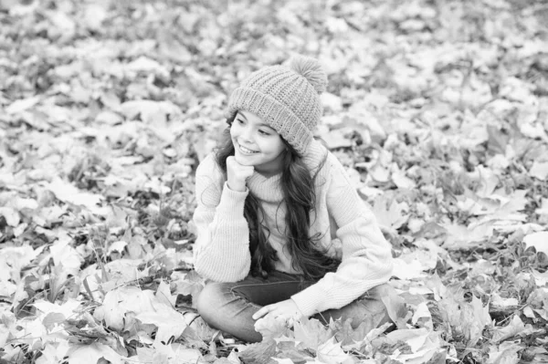 Dia de outono perfeito de criança alegre em chapéu de malha e suéter relaxar na floresta temporada de outono desfrutando de bom tempo, moda outono — Fotografia de Stock