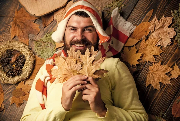 happy hipster lying on fall background. Excited happy fall male. bearded man enjoy life and freedom. season of shopping sale. Autumn leaves in man hands. playing in autumn nature