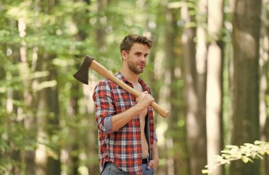 Oduncu ağaç kesmek için baltayı taşır, doğa.