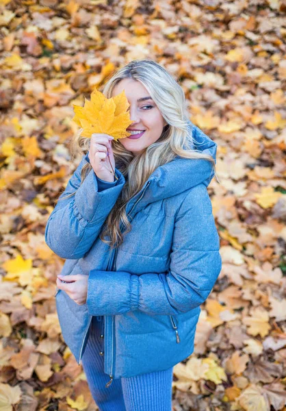 Ładna kobieta z długimi kręconymi blond włosami nosić jesienny płaszcz puffer w lesie z opadłych liści, sezon jesienny — Zdjęcie stockowe