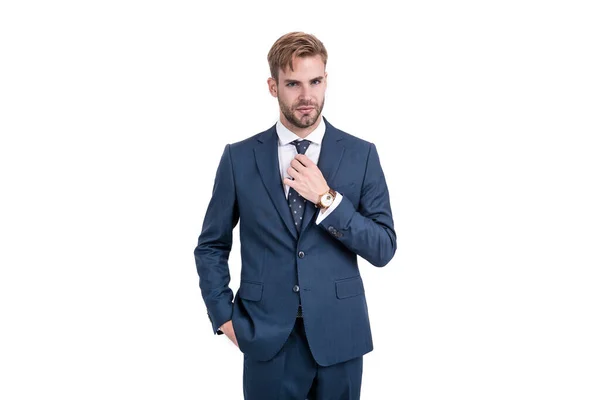 Geschäftsmann im geschäftstüchtigen Anzug und Armbanduhr isoliert auf weißem Grund, Business-Profi. — Stockfoto