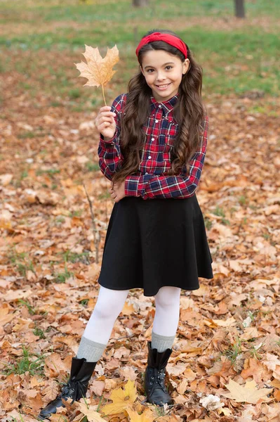 Niño feliz en uniforme escolar celebrar otoño hoja de arce al aire libre, caída — Foto de Stock