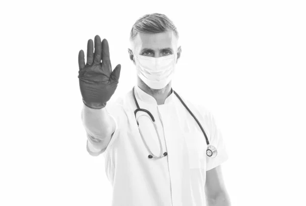 Πες όχι στην Κορόνα. εξάπλωση του ιού 19. Υγεία. Corona igg ανοσία. Ο άνθρωπος φοράει χειρουργικά γάντια. γιατρός με ιατρική μάσκα που απομονώνεται στα λευκά. Πανδημία πνευμονίας από κορωνοϊό. Εμβόλιο ιού και θεραπεία — Φωτογραφία Αρχείου