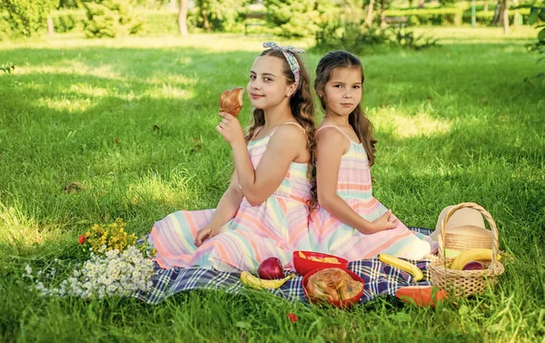 Małe dzieci jedzą piknik na zielonej trawie na słonecznym letnim krajobrazie, na wycieczce — Zdjęcie stockowe