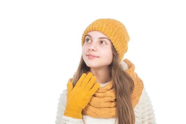 Smiling kid in knitted hat scarf and gloves warm clothes isolated on white copy space, knitwear — Stock Photo, Image