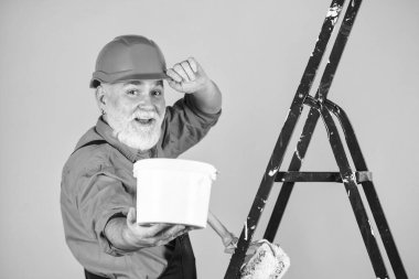 Kıdemli boyacı merdivende paten kullanır. Duvarı sarıya boyamak. İş kıyafetleri içinde profesyonel bir ressam. Odada duvar boyama işçisi. Erkek dekoratör tekerlekli sandalyeyle resim yapıyor. seçici odak