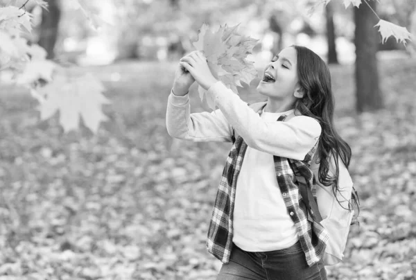 Burada olduğum için mutluyum. Sonbahar çocuk modası. İlham için romantik bir sezon. Mutlu çocukluk. Okula dönüyorum. Sırt çantalı genç kız parkta yürürken rahatlıyor. Sonbahar güzeli. Ormanda günün tadını çıkar. — Stok fotoğraf