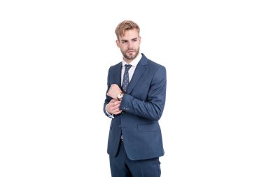 Kol saati olan patron. Kendine güvenen bir iş adamı. Resmi giyimli genç CEO..