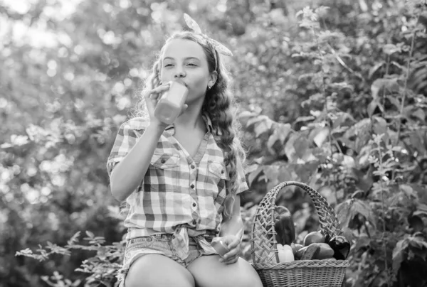 Bevi succo fresco. Bilancio idrico. Stagione del raccolto. Ragazza adorabile allevamento di bambini. Compra cibo biologico. Un ragazzino alla fattoria. Il bambino porta il raccolto. Giornata di sole in fattoria. Un piccolo concetto di aiuto. Verdure mature. Azienda agricola familiare — Foto Stock