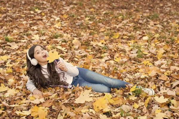 Őszi gyerek divat. inspiráció. Boldog gyermekkort. Vissza az iskolába. lány juharfalevelek között pihenjen a parkban. őszi szépség az erdőben. Élvezze a zenét a fülhallgatóban. online oktatás és e-tanulás. Őszi öröm — Stock Fotó