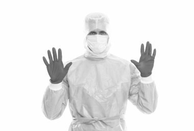 Sağlık sigortası. Corona igg bağışıklığı. Adam ameliyat eldiveni giyiyor. Solunum maskeli doktor beyazı izole etti. Koronavirüs zatürree salgını. Virüs aşısı ve tedavisi. Tüp 19 'un yayılımı. Tıbbi uzman.