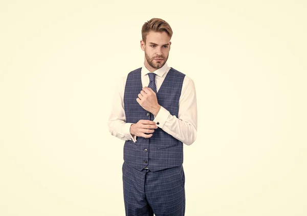 Serious white collar wear elegant waistcoat in formal fashion style isolated on white, formalwear — Stock Photo, Image