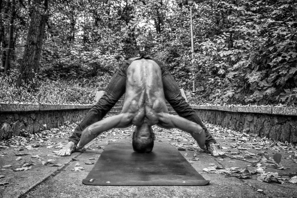 Homme athlétique faisant du yoga asanas dans le parc — Photo