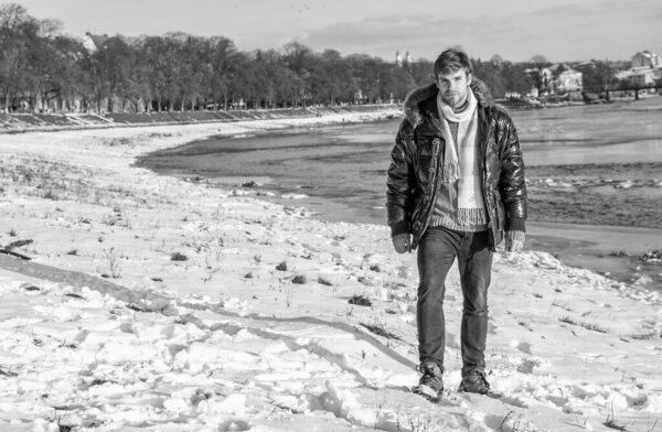 man in outerwear outdoors, copy space. stylish man in outerwear outdoor. man in outerwear at holidays. man in outerwear jacket.