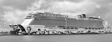 Miami, Florida, ABD - 03 Kasım 2024: yaz tatilinde yolcu gemisi. Gemi seyahati ve deniz seyahati. Lüks yolcu gemisi. Miami sahil limanında bir gemi. Norveç tekrarı. Gemi seyahati.