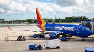 Orlando, Florida, USA - August 10, 2025: Southwest airline plane departure in airport. Airport terminal. Aviation. Plane arrival of Southwest airline. Departure and arrival at airport.