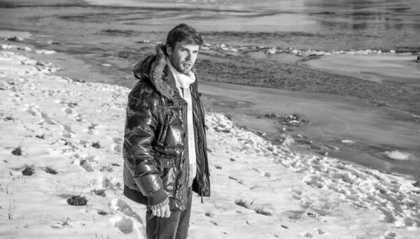 man in outerwear outdoors with copy space. stylish man in outerwear outdoor. man in outerwear at holidays. man in outerwear jacket.