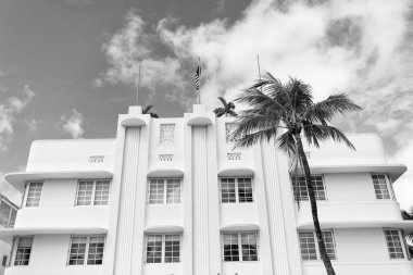 Art deco. Mimari bölge Art Deco. Miami sahilinin modern binası. Okyanus yolculuğu. Ocean Drive 'daki Miami Plajı. Art Deco mimarisi. Mimari bina. Mimari tasarım.