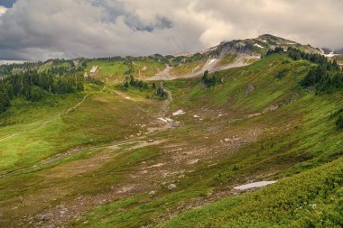 Bulutlu gökyüzü ile dağlık bir manzara. Yeşil Tepe Dağı manzaralı. Göz kamaştırıcı doğal manzara. Kozalaklı orman ve yeşil yamaçlı vahşi dağda yaz günü. Çayırlı dağ manzarası.