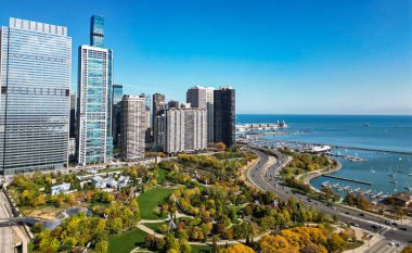 Chicago şehir merkezi parkı ve ufuk çizgisi. Autumn City Park manzarası. Sonbahar şehri parkı olan şehir manzarası. Chicago şehir manzarası gökyüzü mimarisi. Gökdelen ve manzara. Chicago şehir manzarası.