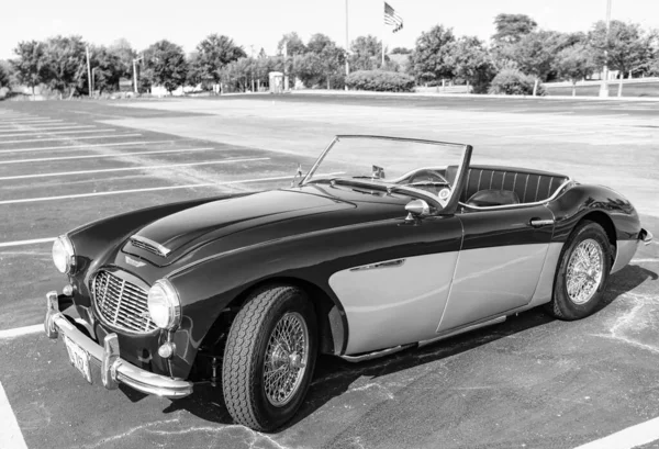 Chicago, Illinois, ABD - 08 Eylül 2024: Austin Healey 100-6 iki koltuklu üstü açılır araba, köşe manzaralı. Retro araba. Retro Austin Healey 100-6 numaralı araba. Chicago 'dan Austin Healey