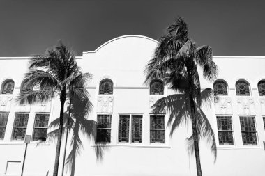 Balkonları ve palmiye ağaçları olan bir apartman. Binanın düşük açılı görüntüsü. Konut tatil köyü mimarisi. Mimari dış görünüş. Evin dış kısmı parçalanmış. Modern apartman.