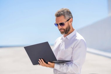 Freelancer developer do business online. Businessman working busy. Business success. Man checking email. Successful businessman freelancing online. Businessman freelancing outdoor.
