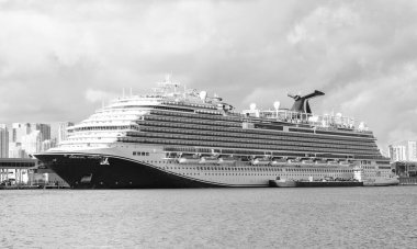 Miami, Florida, ABD - 03 Kasım 2024: lüks yolcu gemisi. Gemi Miami sahil limanından ayrılıyor. Karnaval ufku. Gemi seyahati. Yaz tatilinde gemi turu. Gemi seyahati ve deniz yolculuğu..