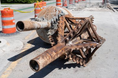 Large drill head. Part of heavy machinery on construction site for drilling. Drilling rig. Heavy equipment. Drilling rig heavy machinery. Industrial heavy equipment.