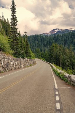 Dağ ve yol manzarası. Seyahat güzergahı. North Cascades Ulusal Parkı 'na peyzaj rotası. Sahne doğası. Kuzey Şelaleleri Ulusal Parkı. Dağ manzaralı bir yol. Arabayla seyahat..