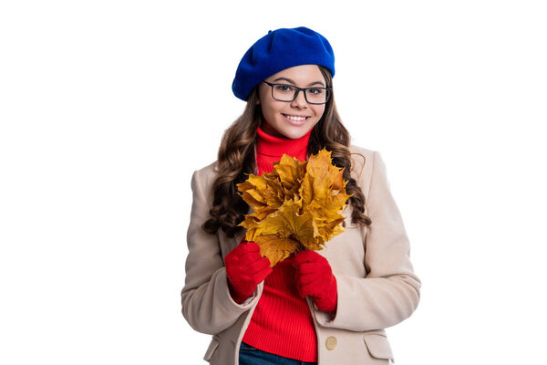 Fall fashion style for teen isolated on white. Outfit for fall style. Autumn season. Girl in autumn style. Teen girl wear beret. Autumn fashion girl. Trendy and stylish teenager girl. Golden season.