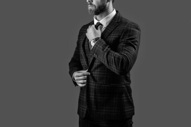 Takım elbiseli bir iş adamı. Bespoke takımı. Resmi erkek giyimi. Formalite icabı giyinmiş bir adam. Şık takım elbiseli bir iş adamı. Gri kravatlı resmi takım elbise ceketi. Zarif Görünüm.