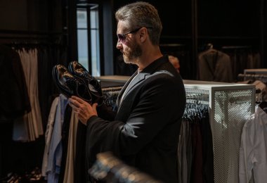 Resmi görünmek için klasik deri ayakkabılar. Resmi ayakkabı. Deri ayakkabılar. Moda mağazasındaki İspanyol adam klasik ayakkabı tutuyor. Ayakkabı mağazası. İş adamı ayakkabıcıda şık ayakkabılar seçer. Klasik ayakkabılar..
