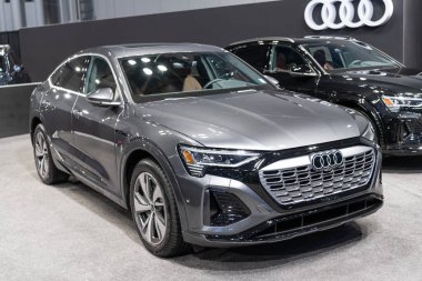 New York City, ABD - 27 Mart 2024: Audi SQ5 otomobilini temsil etmektedir. Audi SQ5 lüks SUV araba. Audi SQ5 lüks araç. Audi SQ5 metalik gri, köşe görünümü.