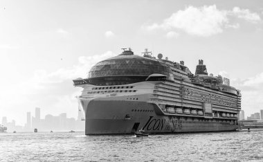 Miami, Florida, ABD - 03 Kasım 2024: yaz tatilinde yolcu gemisi. Gemi seyahati ve deniz seyahati. Lüks yolcu gemisi. Denizin simgesi. Gemi seyahati. Seyahat hedefi.