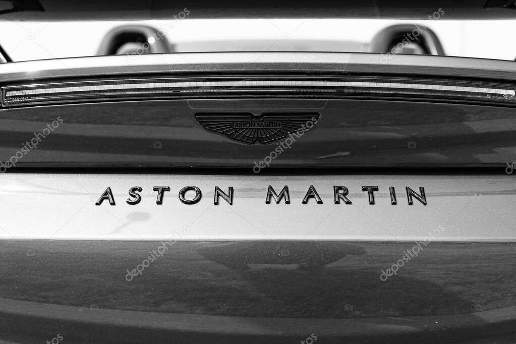 Chicago, Illinois, USA - September 08, 2024: 2023 Aston Martin V8 Vantage F1 edition convertible car, back view logo sign. Aston Martin V8 Vantage. Convertible Aston Martin V8 Vantage sportscar