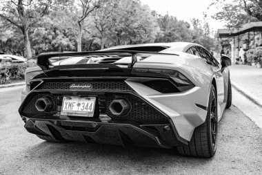 Miami Beach, Florida USA - 9 Haziran 2024 Lamborghini Huracan Tecnica Green Miami plajında. Lamborghini lüks bir İtalyan otomobil üreticisi.